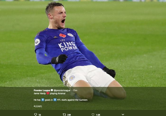 Selebrasi Jami Vardy usai membobol gawang Arsenal di King Power Stadium, pada lanjutan pekan ke-12 Liga Inggris, Sabtu (9/11/2019).