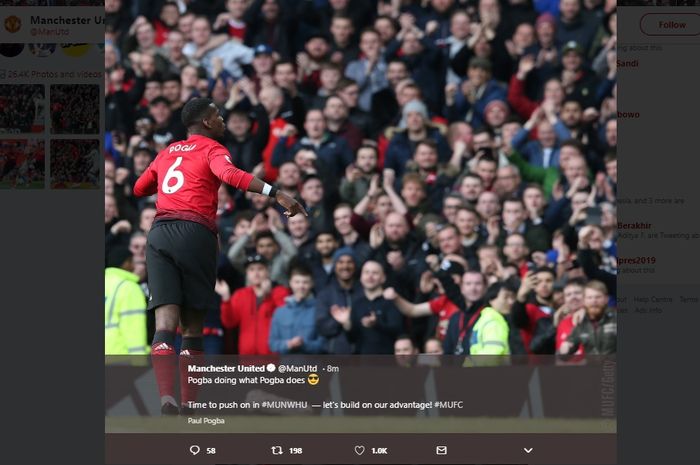 Selebrasi Paul Pogba usai mencetak gol ke gawang West Ham United di Old Trafford pada pekan ke-34 Liga Inggris, Sabtu (13/4/2019)