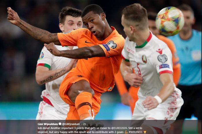 Goerginio Wijnaldum saat mencetak gol spektakuler saat Belanda menang 2-1 atas Belarus di Dinamo Stadion, Minsk pada lanjutan laga kualifikasi Euro 2020 grup C, Minggu (13/10/2019).