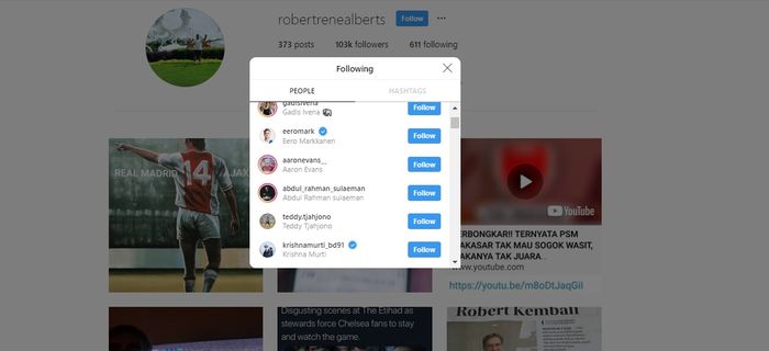 Akun instagram Robert Rene Alberts mengikuti salah satu petinggi Persib, Teddy Tjahjono