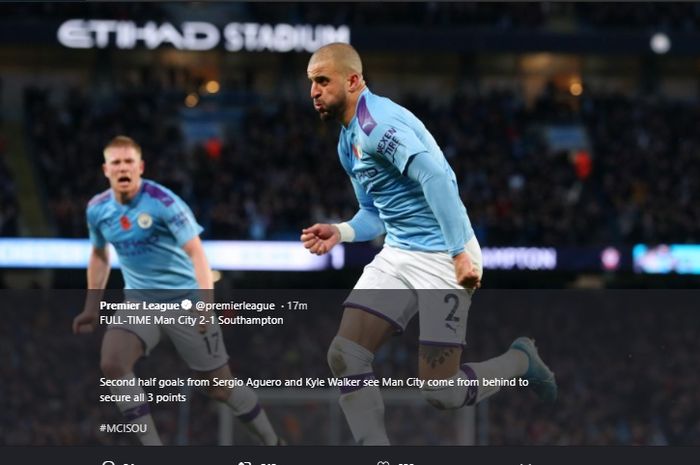 Selebrasi Kyle Walker usai mencetak gol kemenangan untuk Man City saat menang 2-1 atas Southampton di Etihad Stadium, Sabtu (2/11/2019).