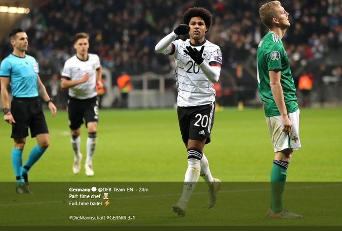 Selebrasi Serge Gnabry  saat Jerman mengalahkan Irlandia Utara di Commerzbank-Arena, pada laga terakhir Kualifikasi Euro 2020 grup C, Selasa (19/11/2019) atau Rabu dini hari WIB. 