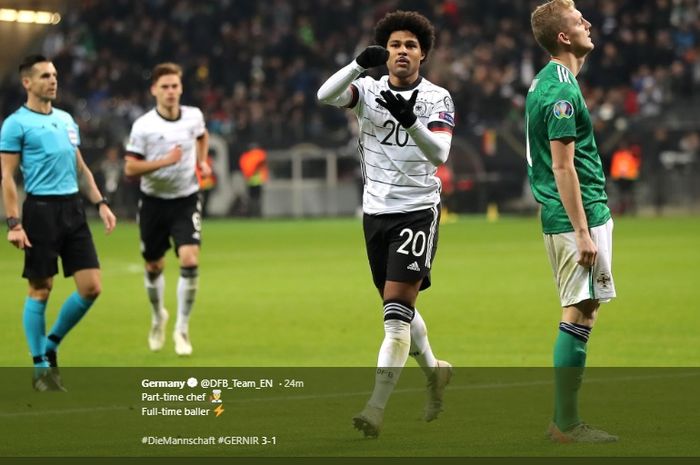 Selebrasi Serge Gnabry  saat Jerman mengalahkan Irlandia Utara di Commerzbank-Arena, pada laga terakhir Kualifikasi Euro 2020 grup C, Selasa (19/11/2019) atau Rabu dini hari WIB. 