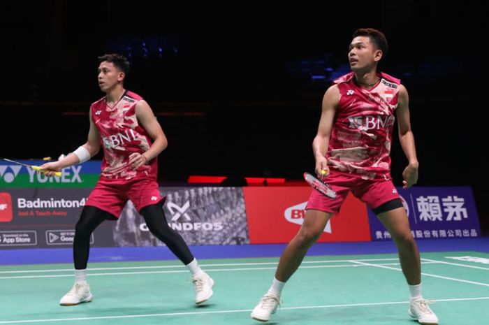 Pasangan ganda putra Indonesia, Fajar Alfian/Muhammad Rian Ardianto, pada babak 32 besar Kejuaraan Dunia 2023 di Royal Arena, Kopenhagen, Denmark, Rabu (23/8/2023).