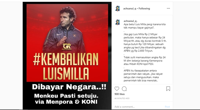 Unggahan presiden Madura United, Achsanul Qosasi, yang mengkritisi permainan timnas Indonesia usai kalah dari Malaysia 2-3 dalam Kualifikasi Piala Dunia 2022.