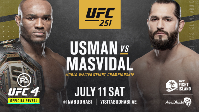 Poster pertarungan Kamaru Usman vs Jorge Masvidal dalam ajang UFC 251 di UFC Fight Island, Yas Island, Abu Dhabi, Uni Emirat Arab, Sabtu (11/7/2020). 