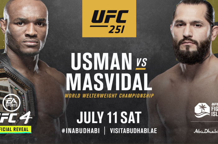 Poster pertarungan antara Kamaru Usman dan Jorge Masvidal di UFC 251. Duel perebutan gelar juara kelas welter UFC itu akan dilakukan di Yas Island, Abu Dhabi, Uni Emirat Arab, pada Sabtu (11/7/2020)