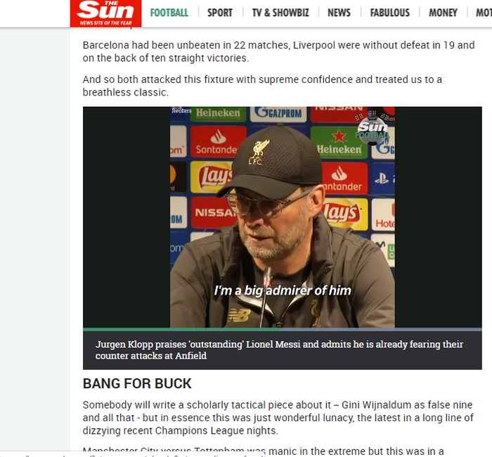 Screen capture video wawancara The Sun pada Juergen Klopp soalpertandingan menghadapi Barcelona dan Lionel Messi