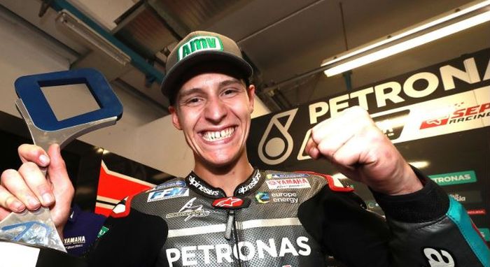 Ekspresi pembalap Petronas Yamaha SRT, Fabio Quartararo, usai mengamankan posisi 3 dalam MotoGp San Marino 2019