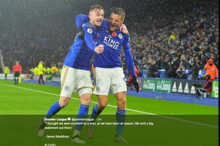 James Maddison dan Jamie Vardy berselebrasi usai mencetak gol ke gawang Arsenal di King Power Stadium, Sabtu (9/11/2019).