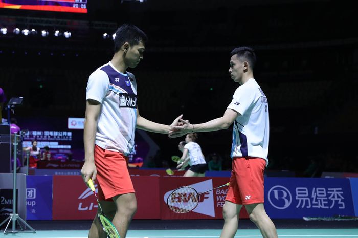 Fajar Alfian/Muhammad Rian Ardianto saat bertanding pada babak pertama Fuzhou China Open 2019, di Haixia Olympic Sports Center, Fuzhou, China, Rabu (6/11/2019).