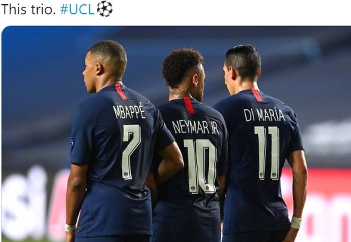 Trio penyerang Paris Saint-Germain, Kylian Mbappe, Neymar, dan Angel Di Maria.