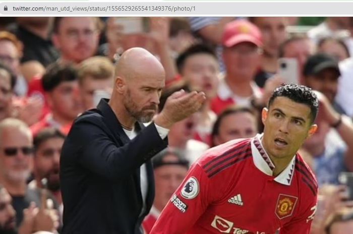 Erik ten Hag (kiri) dan Cristiano Ronaldo (kanan) dalam sebuah laga bersama Manchester United.