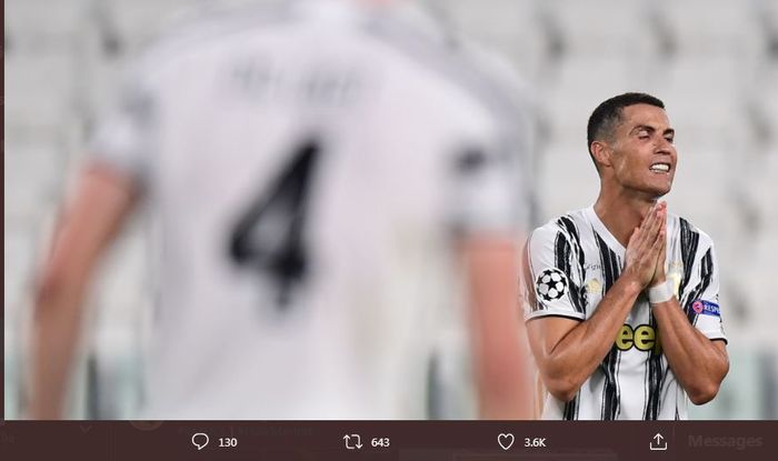 Ekspresi Cristiano Ronaldo dalam pertandingan Juventus vs Lyon pada babak 16 besar Liga Champions, 7 Agustus 2020.