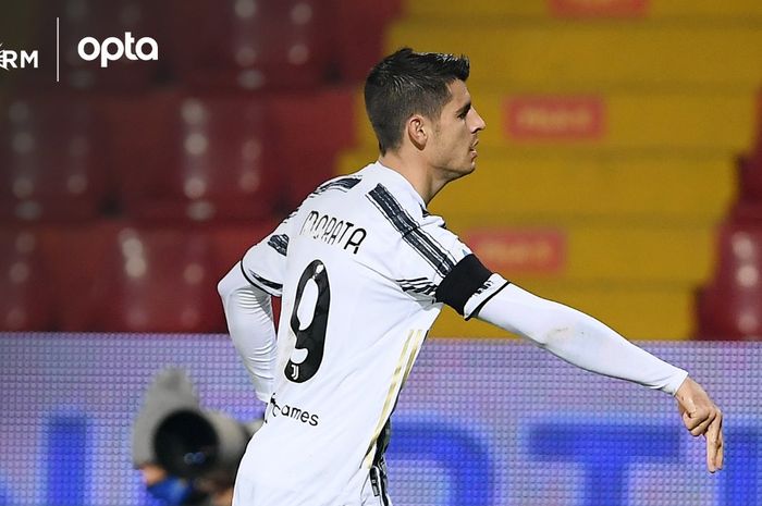 Alvaro Morata usai mencetak ke gawang Benevento di Stadion Municipal Ciro Vigorito dalam laga pekan ke-9 Liga Italia, Sabtu (28/11/2020).