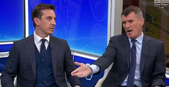 Dua legenda Manchester United, Gary Neville dan Roy Keane, berargumen di studio Sky Sports saat menganalisis Derbi Manchester, Kamis (25/4/2019).