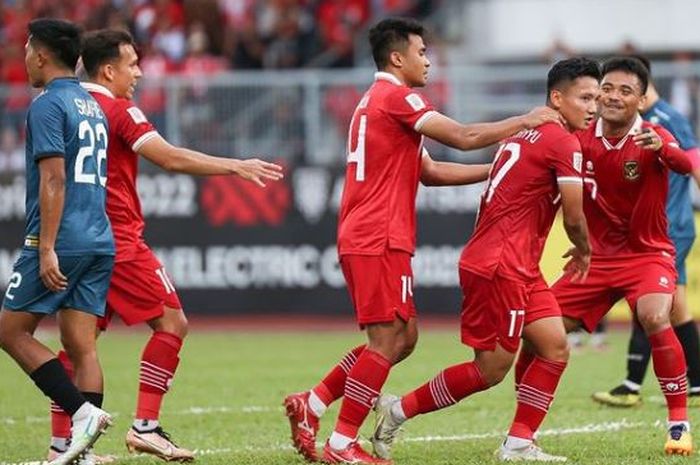 Pemain Timnas Indonesia merayakan gol yang tercipta ke gawang Brunei Darussalam.