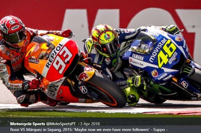 Marc Marquez dan Valentino Rossi pernah terlibat dalam insiden dalam balapan MotoGP Malaysia di Sirkuit Sepang, Malaysia, 25 Oktober 2015.