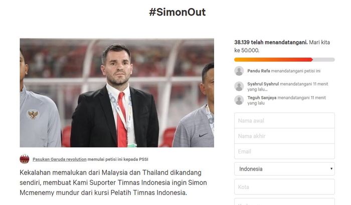 Ada petisi minta Simon McMenemy mundur dari timnas Indonesia setelah kalah 0-3 dari Thailand.