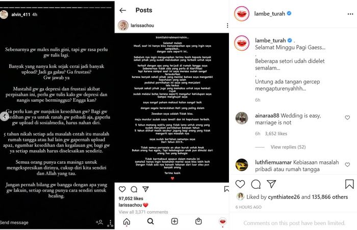 Postingan <a href='https://medan.tribunnews.com/tag/larissa-chou' title='Larissa Chou'>Larissa Chou</a> terkait perceraiannya dengan <a href='https://medan.tribunnews.com/tag/alvin-faiz' title='Alvin Faiz'>Alvin Faiz</a>.