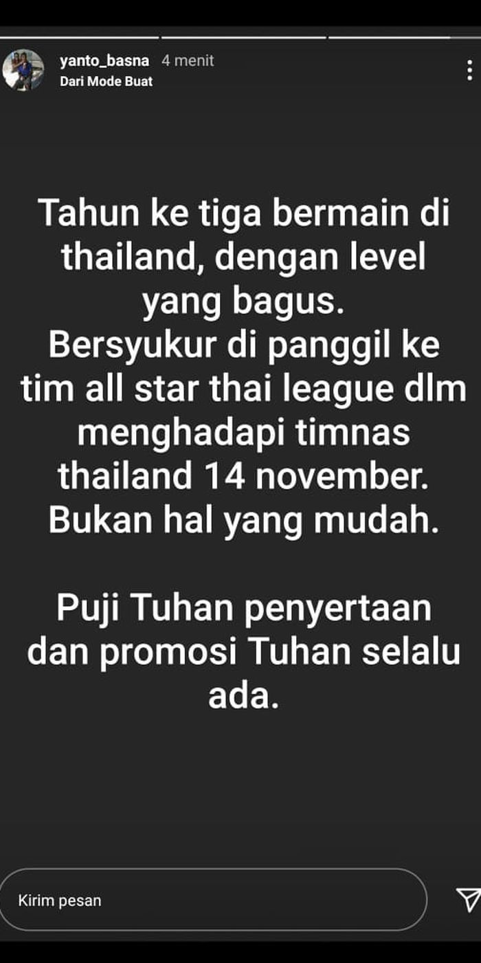 Unggahan Insta Story Bek timnas Indonesia, Yanto Basna, yang sebelumnya berencana akan memperkuat all star Thai League melawan timnas Thailand pada 14 November 2020