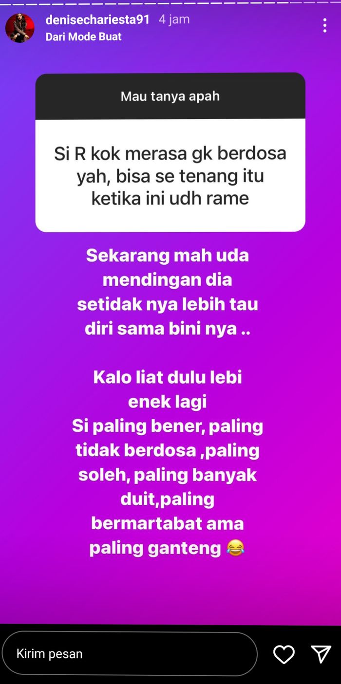 Curhatan Denise terkait respons RD atas pemberitaan