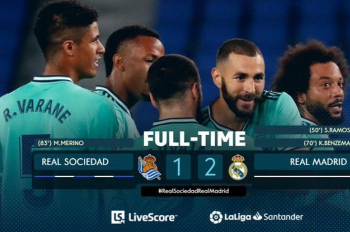 Real Madrid merayakan kemenangan atas Real Sociedad pada pertandingan Liga Spanyol, Minggu (21/6/2020).