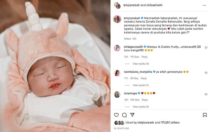 Unggahan Krisjiana mengenai arti nama Xarena Zenata Denallie Baharudin. 