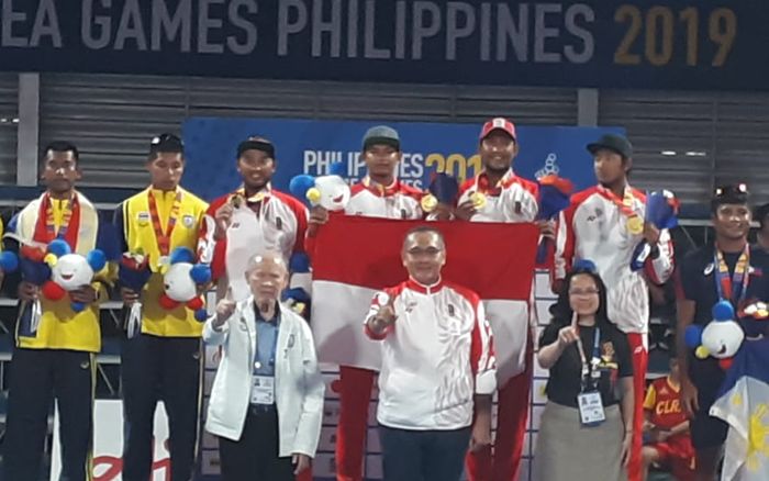 Tim bola voli pantai putra Indonesia menyumbang medali emas SEA Games 2019 setelah mengalahkan Thailand, 2-0 di Subic Court Tenis, Filipina, Jumat (6/12/2019).