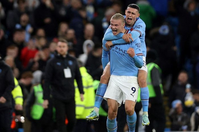 Striker Manchester City, Erling Haaland, berpeluang menambah gol saat bertemu Leicester City dalam lanjutan Liga Inggris Etihad Stadium (15/4/2023).