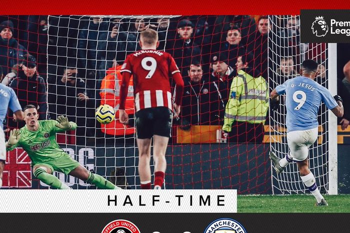 Kiper Sheffield United, Dean Henderson, menepis tendangan penalti striker Manchester City, Gabriel Jesus, dalam laga Liga Inggris di Stadion Bramall Lane, Selasa (21/1/2020).