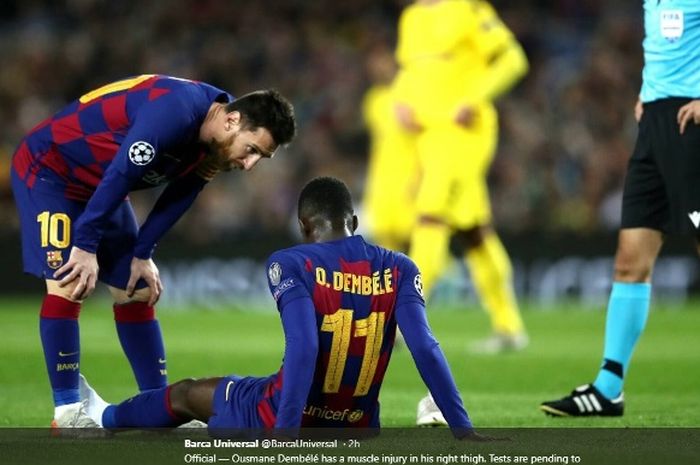 Penyerang Barcelona, Ousmane Dembele, cedera dalam laga melawan Borussia Dortmund pada Rabu (27/11/2019).