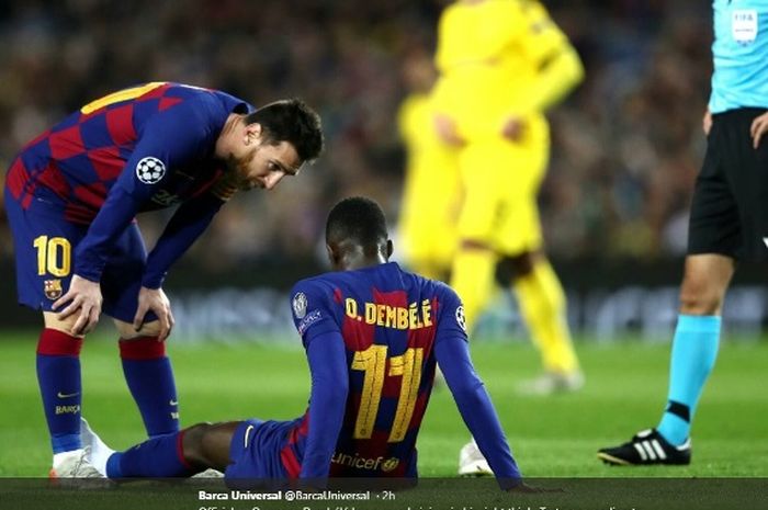 Penyerang Barcelona, Ousmane Dembele, cedera dalam laga melawan Borussia Dortmund pada Rabu (27/11/2019).