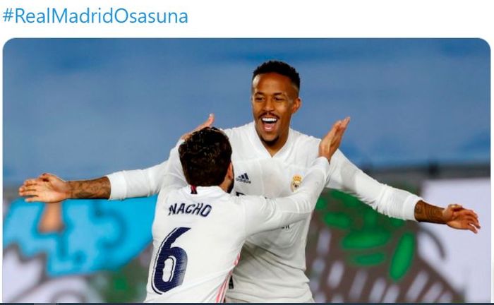 Selebrasi Eder Militao dan Nacho Fernandez saat Real Madrid menang atas Osasuna, Sabtu (1/5/2021).