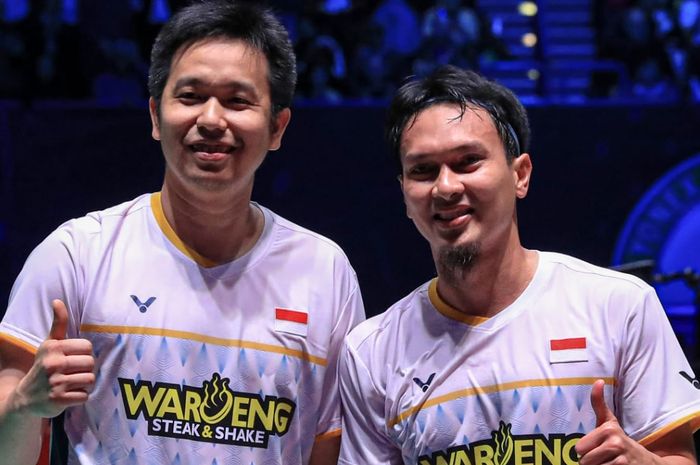 Mohammad Ahsan/Hendra Setiawan versus Fajar Alfian/Muhammad Rian Ardianto di final All England 2023.