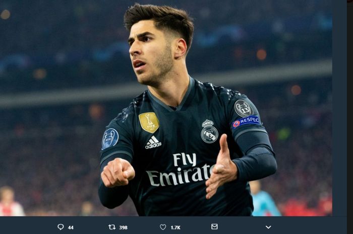 Marco Asensio saat mencetak gol kemenangan untuk Real Madrid kontra Ajax Amsterdam pada laga pertama babak 16 besar Liga Champions, Rabu (13/2/2019)