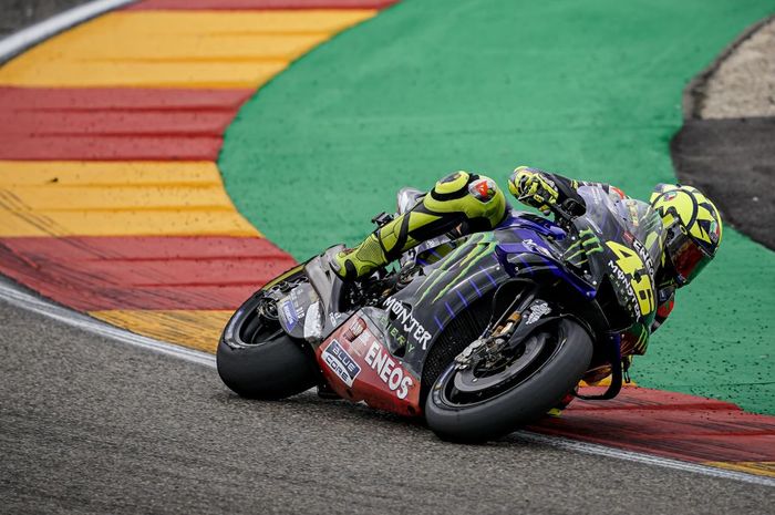 Aksi pembalap Monster Energy Yamaha, Valentino Rossi, ketika berlaga pada MotoGP Aragon 2019 Minggu (22/9/2019)