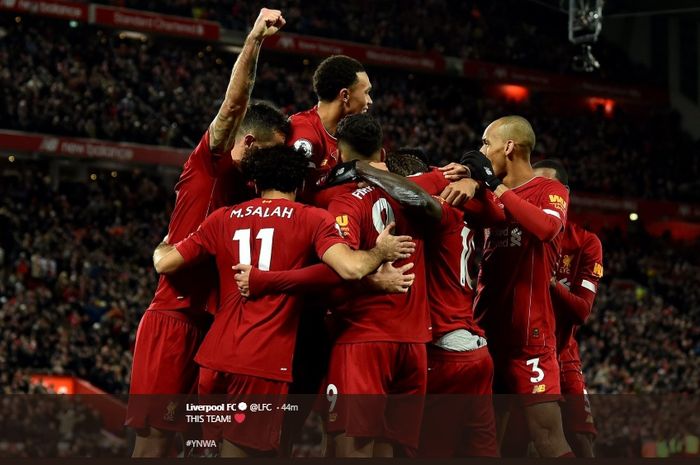 Selebrasi para pemain Liverpool usai menang 3-1 atas Manchester City di Stadion Anfield, pada lanjutan Liga Inggris pekan ke-12, Minggu (10/11/2019).