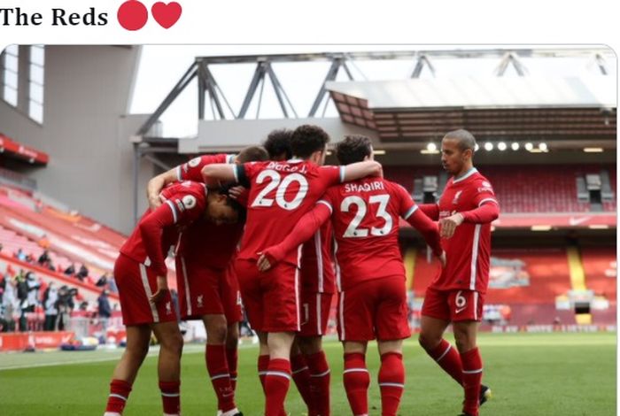 Momen pemain Liverpool merayakan gol yang diciptakan Trent Alexander-Arnold ke gawang Aston Villa dalam laga pekan ke-31 Liga Inggris 2020-2021.