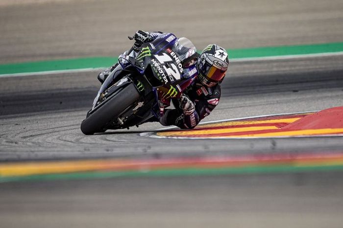 Aksi pembalap Monster Energy Yamaha, Maverick Vinales pada MotoGP Aragon 2019, Minggu (22/9/2019)