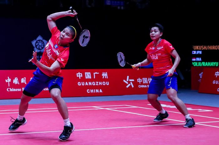 Aksi Greysia Polii/Apriyani Rahayu pada laga pertama Grup A BWF World Tour Finals 2019, Rabu (11/12/2019)