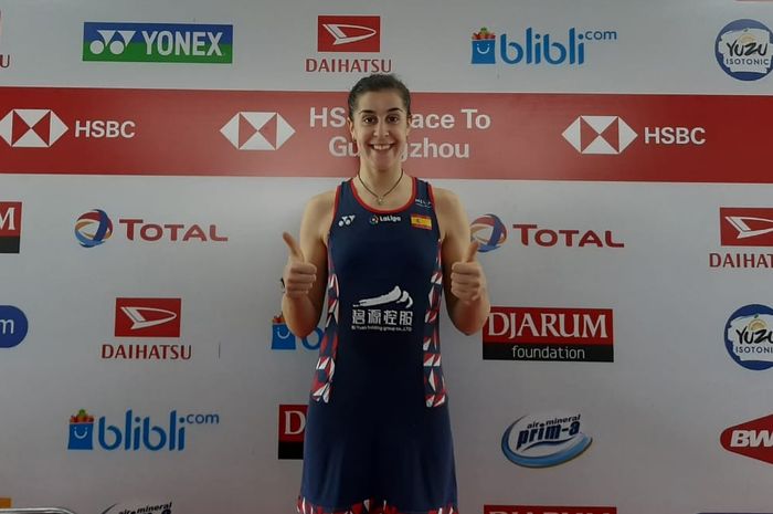 Pebulu tangkis tunggal putri Spanyol, Carolina Marin, berpose seusai melakoni konferensi pers laga semifinal Indonesia Masters 2020.