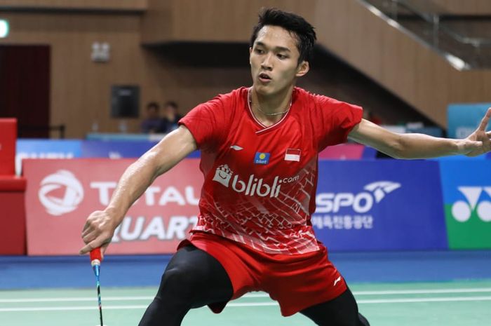 Pebulu tangkis tunggal putra Indonesia, Jonatan Christie, tampil pada babak perempat final Korea Open 2019, Jumat (27/9/2019).