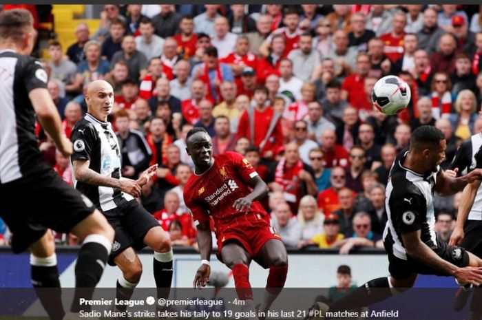 Sadio Mane mencetak gol kala Liverpool melawan Newcastle United di Liga Inggris, Sabtu (14/9/2019), di Stadion Anfield