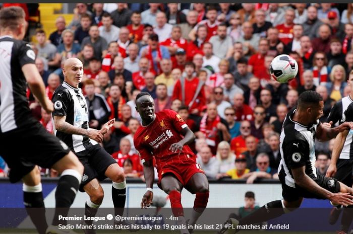 Sadio Mane mencetakk gol kala Liverpool melawan Newcastle United di Liga Inggris, Sabtu (14/9/2019), di Stadion Anfield