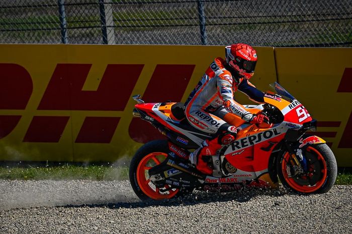 Pembalap Repsol Honda, Marc Marquez, pada balapan MotoGP Italia di Sirkuit Mugello, Minggu (30/5/2021).