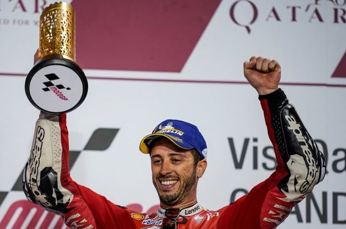 Ekspresi pembalap tim Mission Winnow Ducati, Andrea Dovizioso setelah memenangi balapan di seri pembuka MotoGP 2019 di Qatar (10/3/2019)