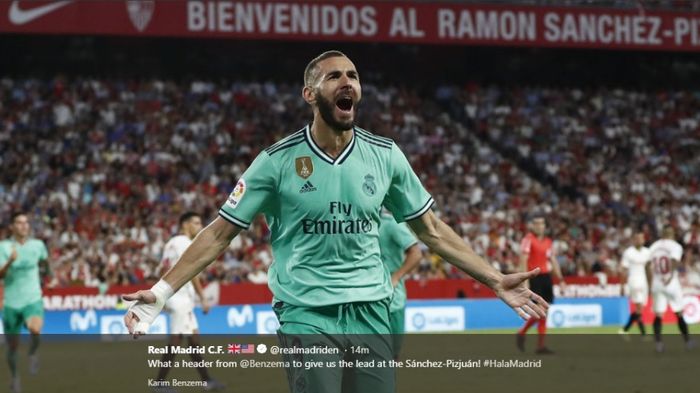 Karim Benzema mencetak gol untuk Real Madrid ke gawang Sevilla pada jornada kelima Liga Spanyol, Senin (23/9/2019) dini hari WIB