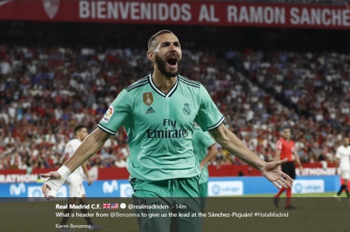 Karim Benzema mencetak gol untuk Real Madrid ke gawang Sevilla pada jornada kelima Liga Spanyol, Senin (23/9/2019) dini hari WIB