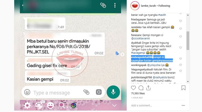 Postingan Lambe Turah soal kabar perceraian Gading Marten dan Gisella Anastasia